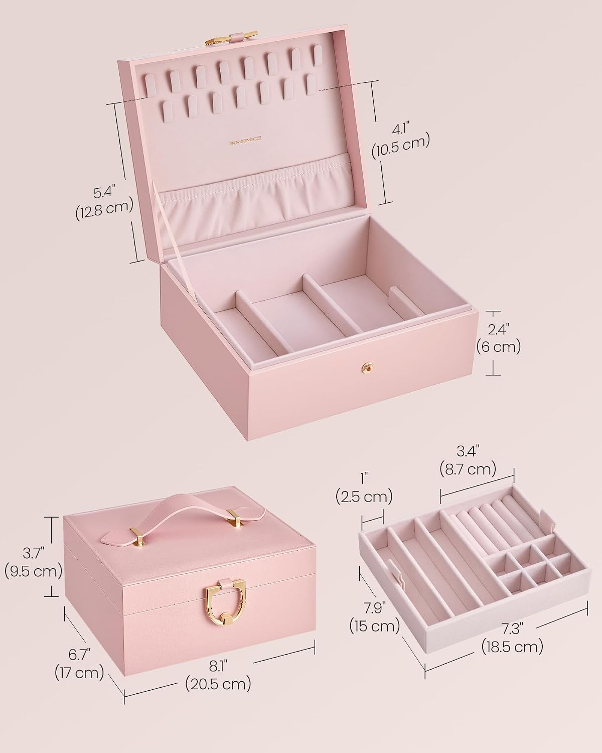 SONGMICS 2-Layer Jewelry Box, Jewelry Organizer with Handle, Removable Tray
