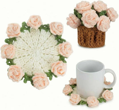 Knitting Crochet Pink Rose Potted Plants, Flowers Soft Decorative Coasters