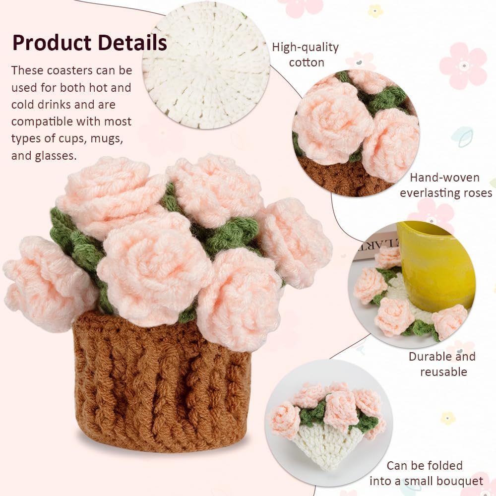 Knitting Crochet Pink Rose Potted Plants, Flowers Soft Decorative Coasters