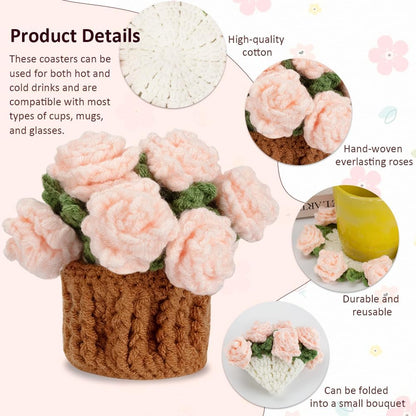 Knitting Crochet Pink Rose Potted Plants, Flowers Soft Decorative Coasters