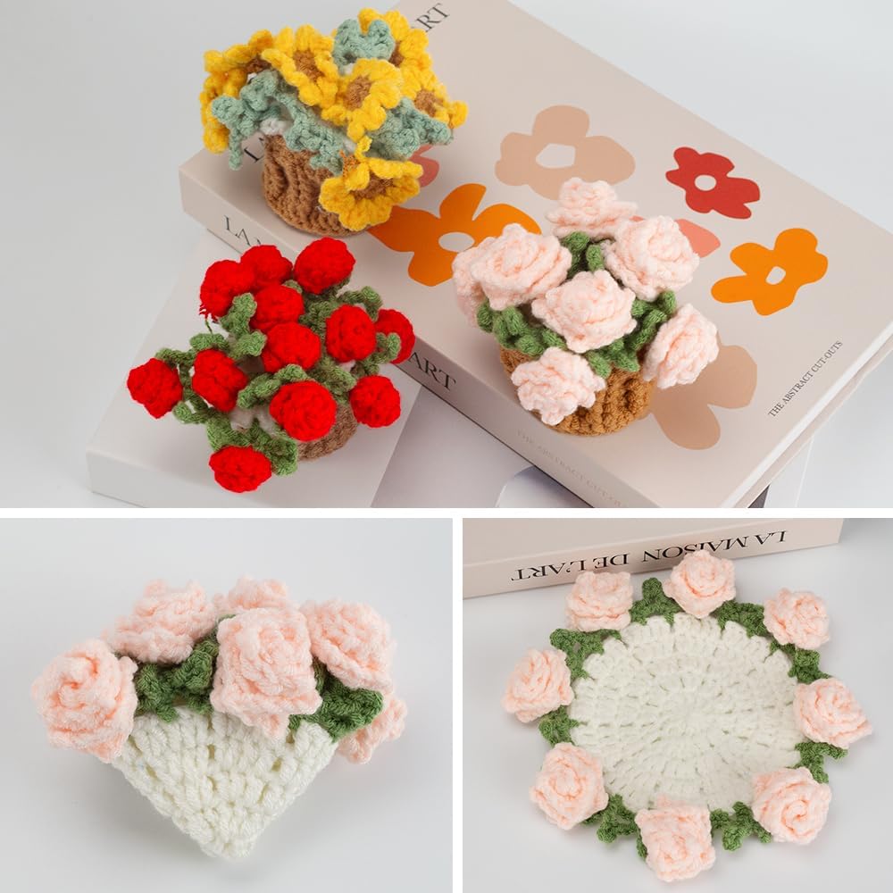 Knitting Crochet Pink Rose Potted Plants, Flowers Soft Decorative Coasters