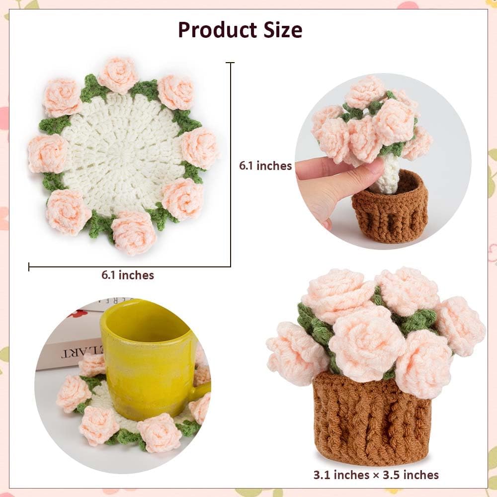 Knitting Crochet Pink Rose Potted Plants, Flowers Soft Decorative Coasters