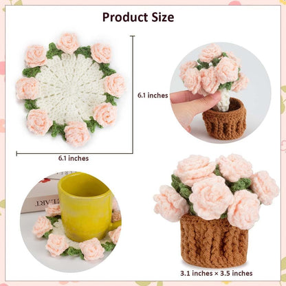 Knitting Crochet Pink Rose Potted Plants, Flowers Soft Decorative Coasters