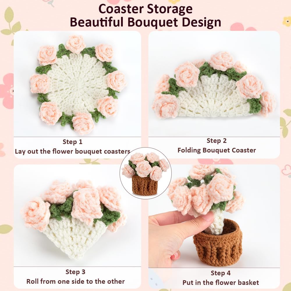 Knitting Crochet Pink Rose Potted Plants, Flowers Soft Decorative Coasters