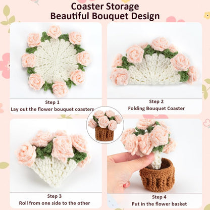 Knitting Crochet Pink Rose Potted Plants, Flowers Soft Decorative Coasters