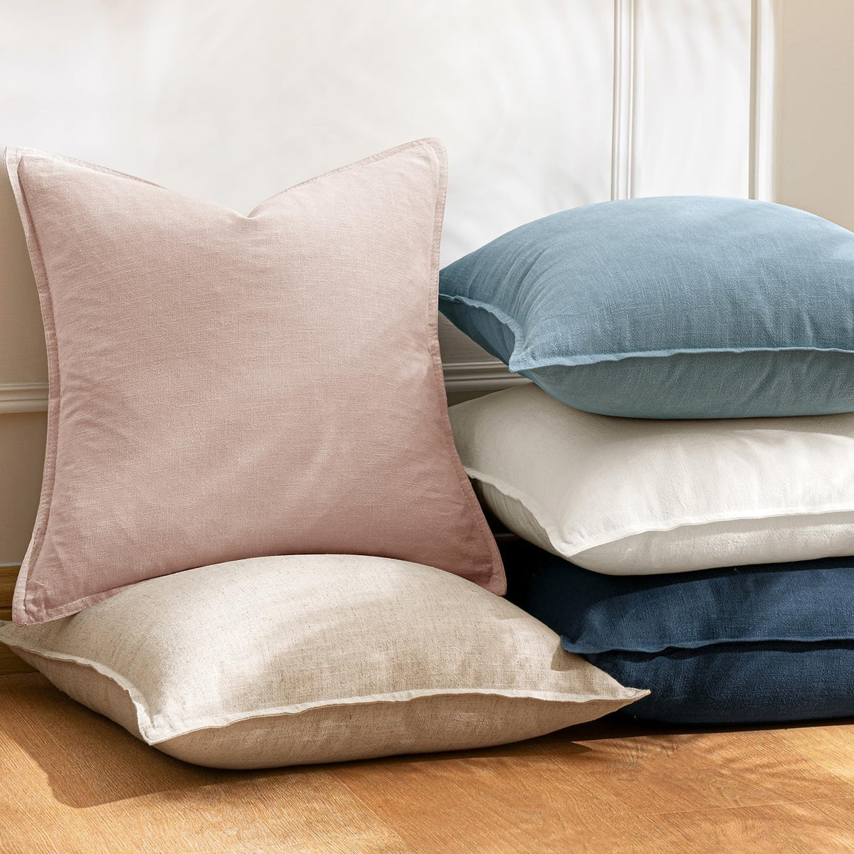Set of 2 Linen Solid Euro Throw Pillow Covers 24x24 Inch, Light Pink