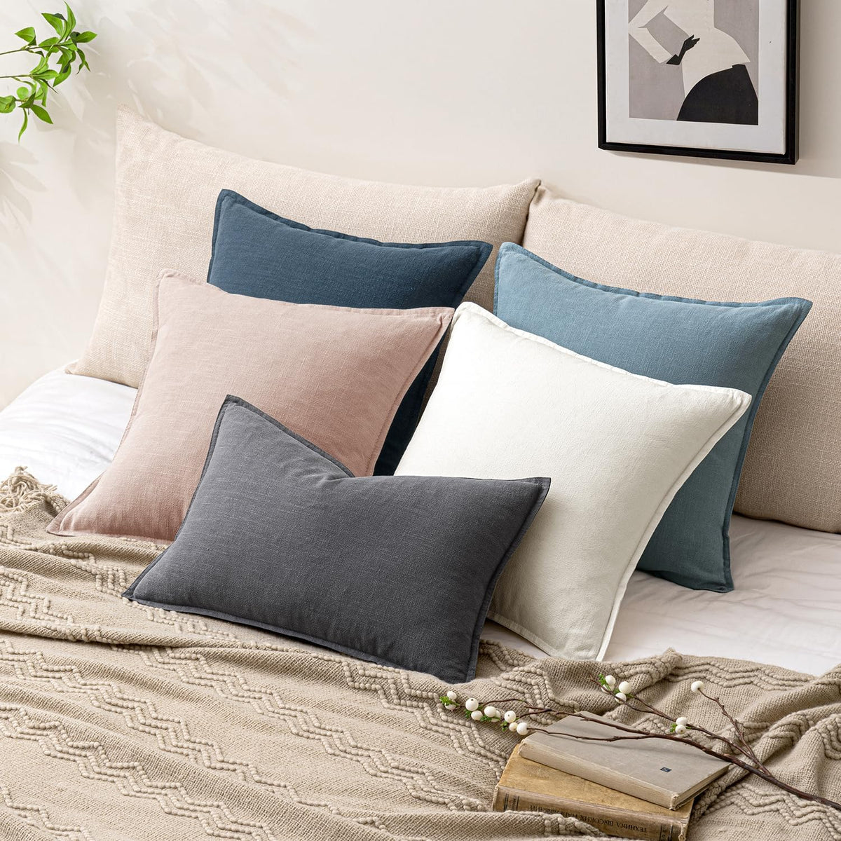 Set of 2 Linen Solid Euro Throw Pillow Covers 24x24 Inch, Light Pink