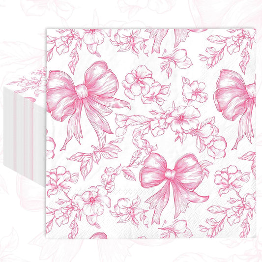 FYSUIMU 50Pcs Pink Bow Floral Paper Napkin Vintage Flower Bowknot Luncheon Napkin Disposable Dinner Dessert Napkins for Mother's Day Wedding Bachelorette Bridal Baby Shower Birthday Party Supplies
