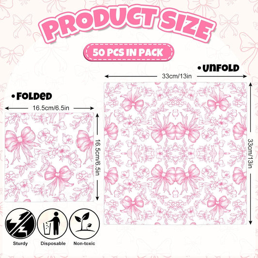 FYSUIMU 50Pcs Pink Bow Floral Paper Napkin Vintage Flower Bowknot Luncheon Napkin Disposable Dinner Dessert Napkins for Mother's Day Wedding Bachelorette Bridal Baby Shower Birthday Party Supplies