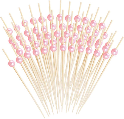 200pcs Cocktail Picks 4.7 Inch, pink Bamboo Toothpicks for Appetizers Natural Bamboo Pearl Coctail Skewers Sticks or Drinks, Fruit, Charcuterie, Wedding Mini Food Picks Decorative (pink, 200)