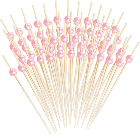 200pcs Cocktail Picks 4.7 Inch, pink Bamboo Toothpicks for Appetizers Natural Bamboo Pearl Coctail Skewers Sticks or Drinks, Fruit, Charcuterie, Wedding Mini Food Picks Decorative (pink, 200)