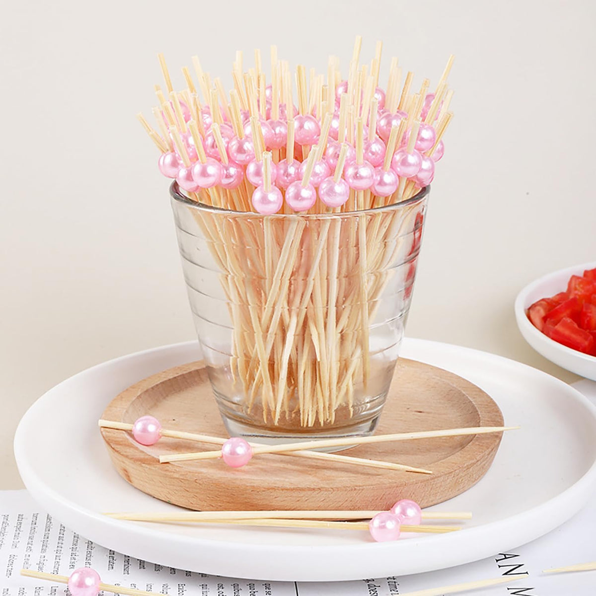 200pcs Cocktail Picks 4.7 Inch, pink Bamboo Toothpicks for Appetizers Natural Bamboo Pearl Coctail Skewers Sticks or Drinks, Fruit, Charcuterie, Wedding Mini Food Picks Decorative (pink, 200)