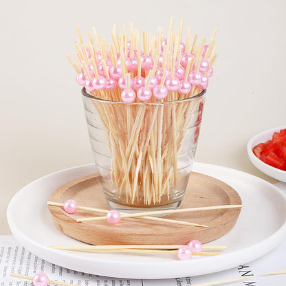200pcs Cocktail Picks 4.7 Inch, pink Bamboo Toothpicks for Appetizers Natural Bamboo Pearl Coctail Skewers Sticks or Drinks, Fruit, Charcuterie, Wedding Mini Food Picks Decorative (pink, 200)