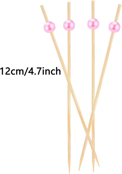 200pcs Cocktail Picks 4.7 Inch, pink Bamboo Toothpicks for Appetizers Natural Bamboo Pearl Coctail Skewers Sticks or Drinks, Fruit, Charcuterie, Wedding Mini Food Picks Decorative (pink, 200)
