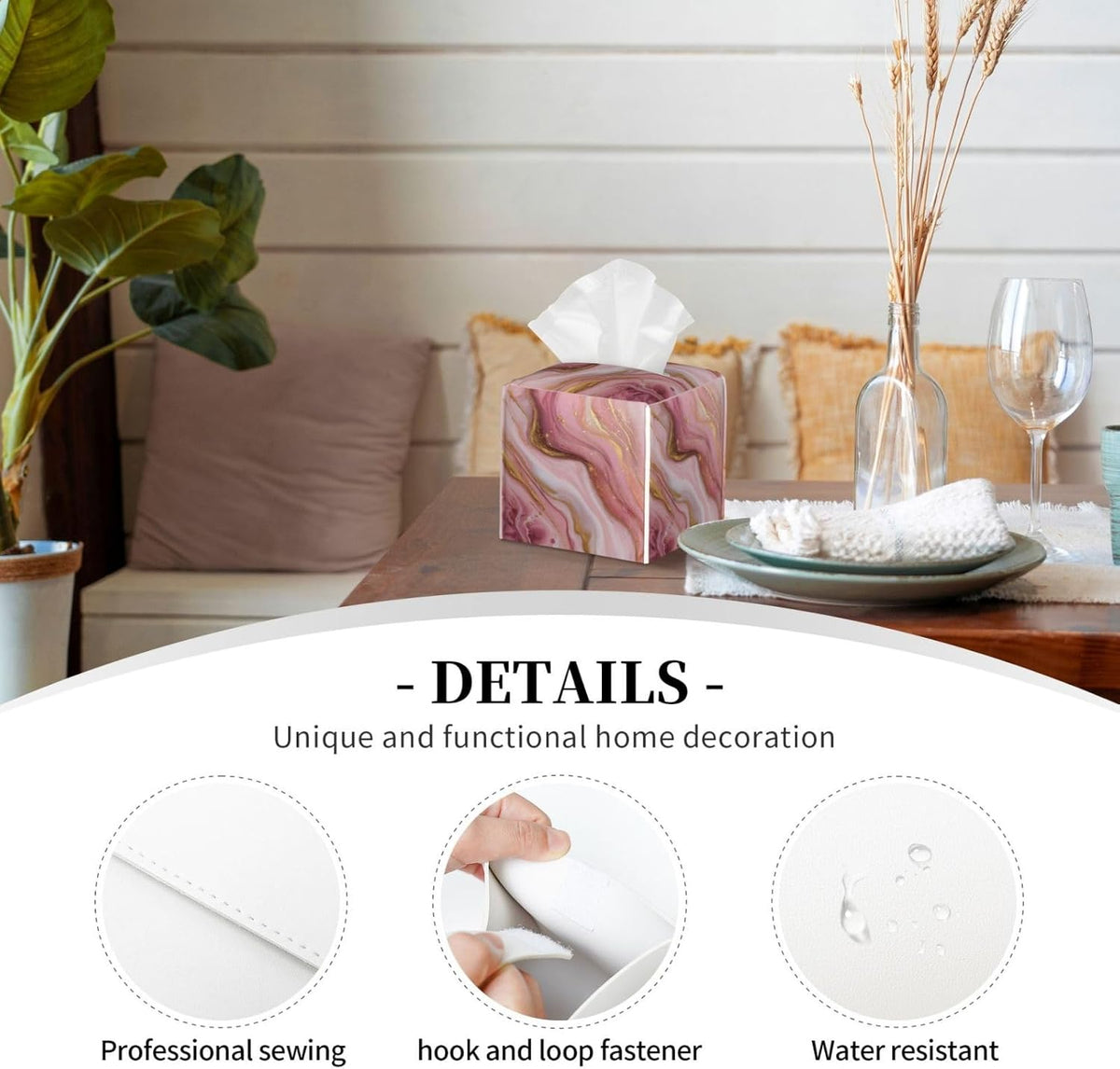 Marble Tissue Box Cover Square,Pink Marble Tissue Box Holder Waterproof Leather Facial Paper Organizer Dispenser for Bathroom Home Car Kitchen Nightstand Vanity Desk Decoration