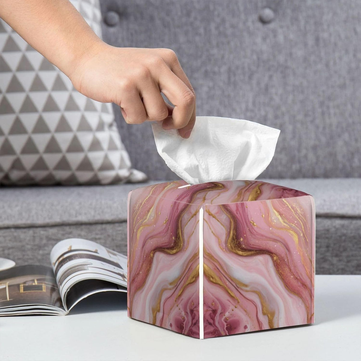Marble Tissue Box Cover Square,Pink Marble Tissue Box Holder Waterproof Leather Facial Paper Organizer Dispenser for Bathroom Home Car Kitchen Nightstand Vanity Desk Decoration