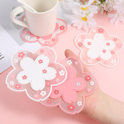 6 PCS Sakura Coffee Cup Mat Kawaii Coaster, White & Pink Silicon Cup Coasters Durable Non-Slip Home Tea Mug for Hot Drinks Table Protection Desk Drink Table Decor