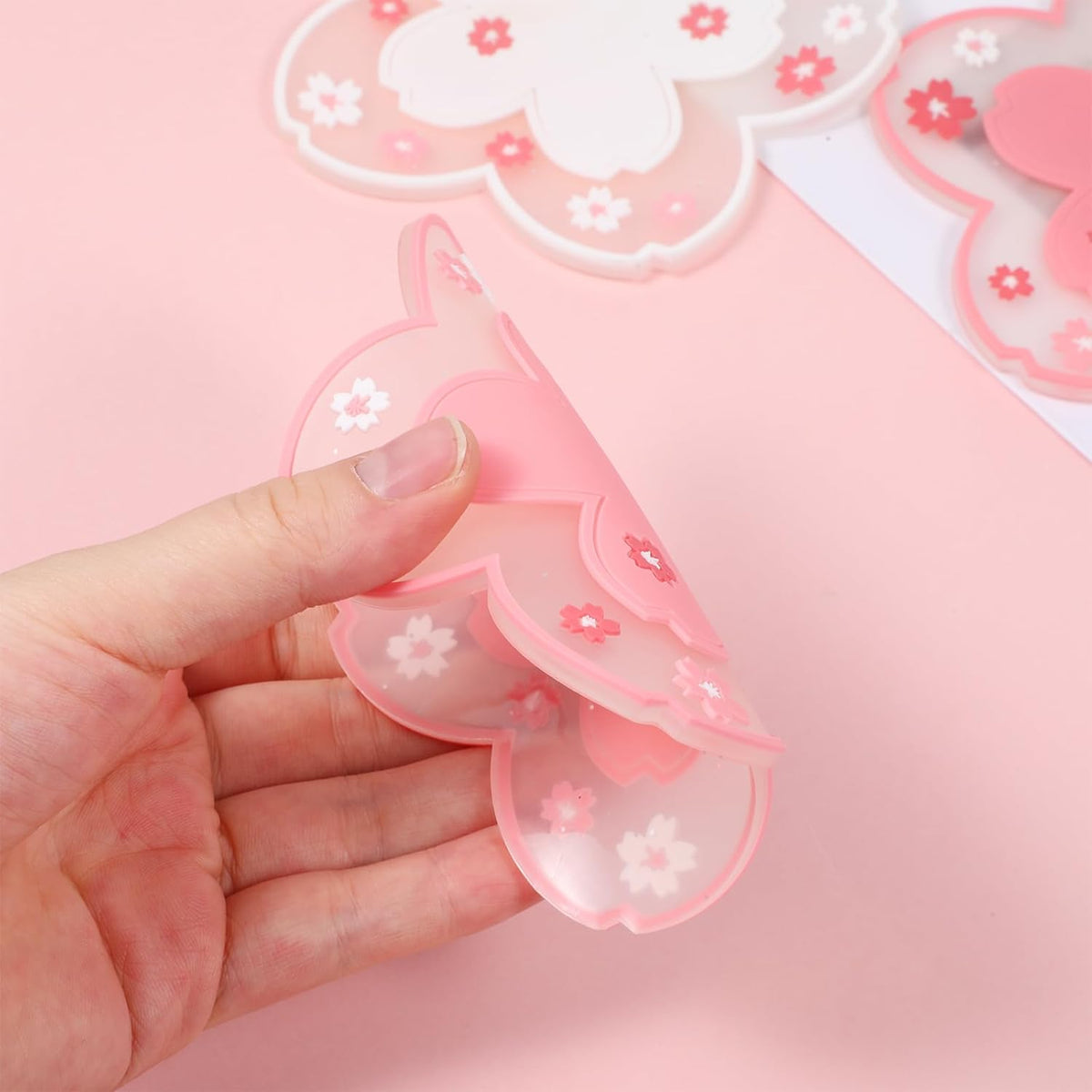 6 PCS Sakura Coffee Cup Mat Kawaii Coaster, White & Pink Silicon Cup Coasters Durable Non-Slip Home Tea Mug for Hot Drinks Table Protection Desk Drink Table Decor