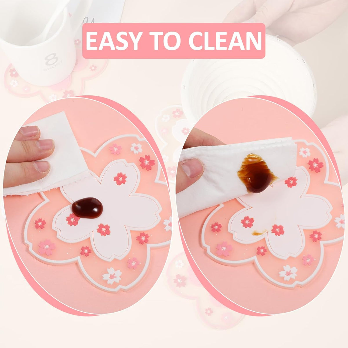 6 PCS Sakura Coffee Cup Mat Kawaii Coaster, White & Pink Silicon Cup Coasters Durable Non-Slip Home Tea Mug for Hot Drinks Table Protection Desk Drink Table Decor
