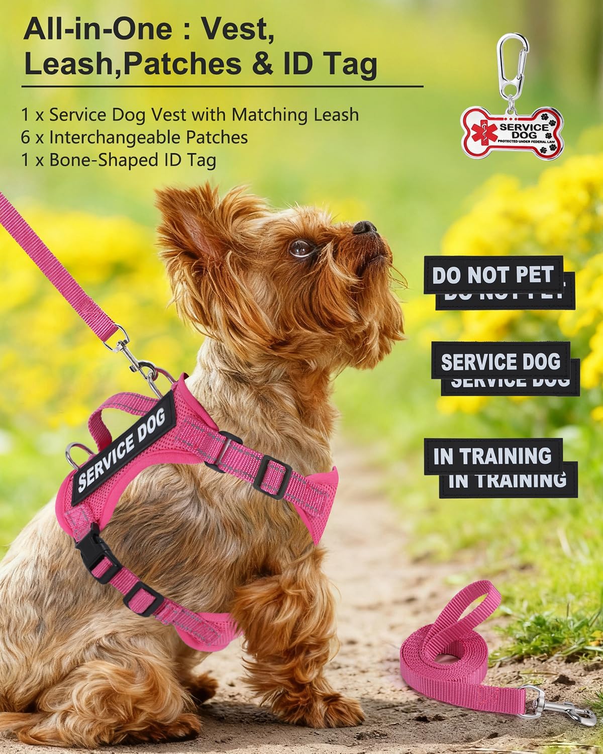 Service Dog Vest for Small Breed Dogs with ID Tag – Lightweight Puppy Harness and Leash Set with 6 PCS Patches, Ideal Service Animal Vest for Training, Complete Service Dog Gear, Hot Pink, XS