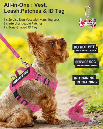 Service Dog Vest for Small Breed Dogs with ID Tag – Lightweight Puppy Harness and Leash Set with 6 PCS Patches, Ideal Service Animal Vest for Training, Complete Service Dog Gear, Hot Pink, XS