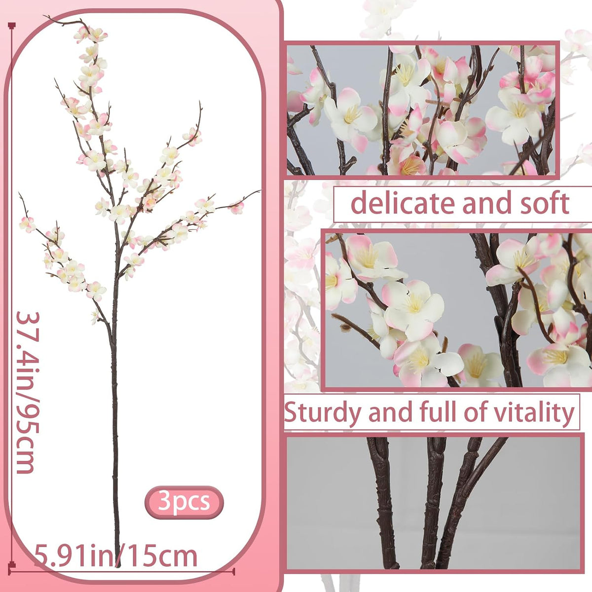 3 Pcs Cherry Blossom Branches Artificial Flowers Pink Faux Spring Stems