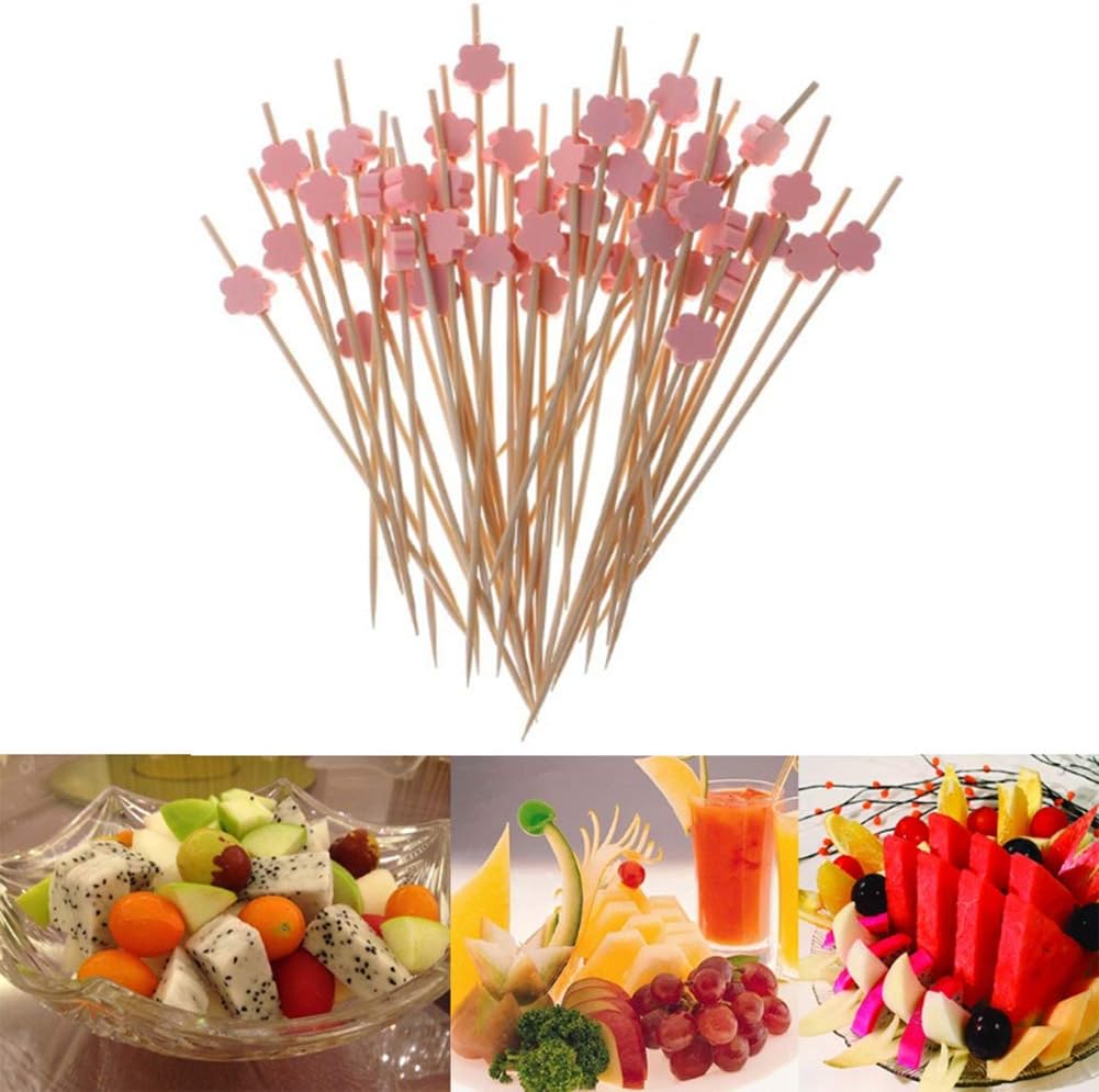 AKOAK 100 Counts Handmade 4.7" Pink Wintersweet Cocktail Sticks Sandwich Fruit Toothpicks Cocktail Picks Party Supplies