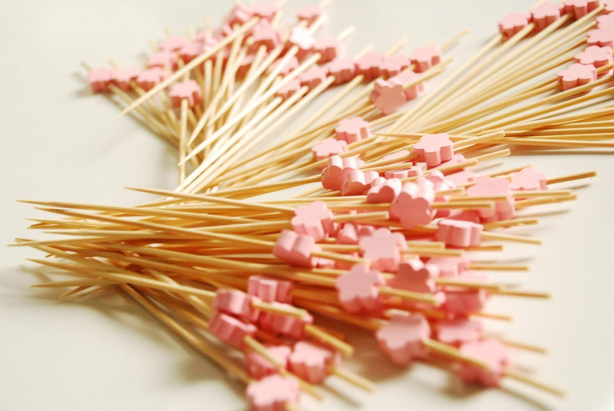 AKOAK 100 Counts Handmade 4.7" Pink Wintersweet Cocktail Sticks Sandwich Fruit Toothpicks Cocktail Picks Party Supplies