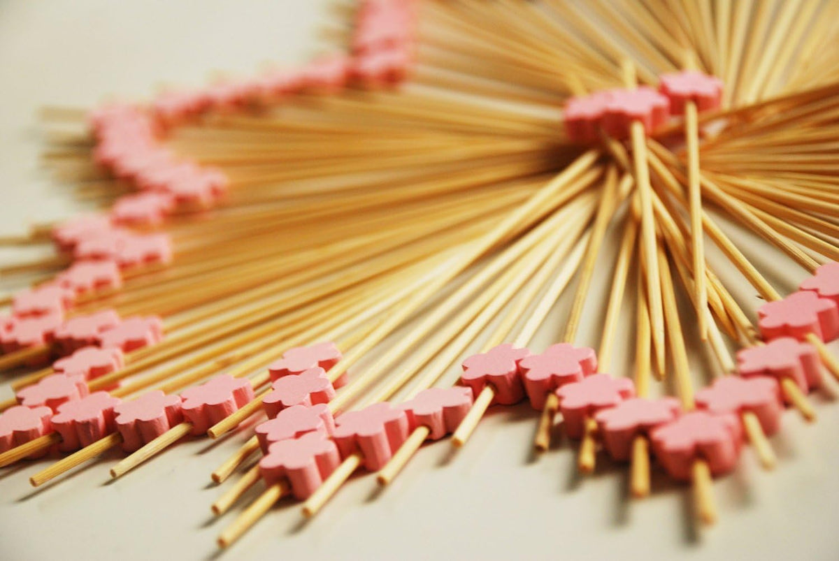 AKOAK 100 Counts Handmade 4.7" Pink Wintersweet Cocktail Sticks Sandwich Fruit Toothpicks Cocktail Picks Party Supplies