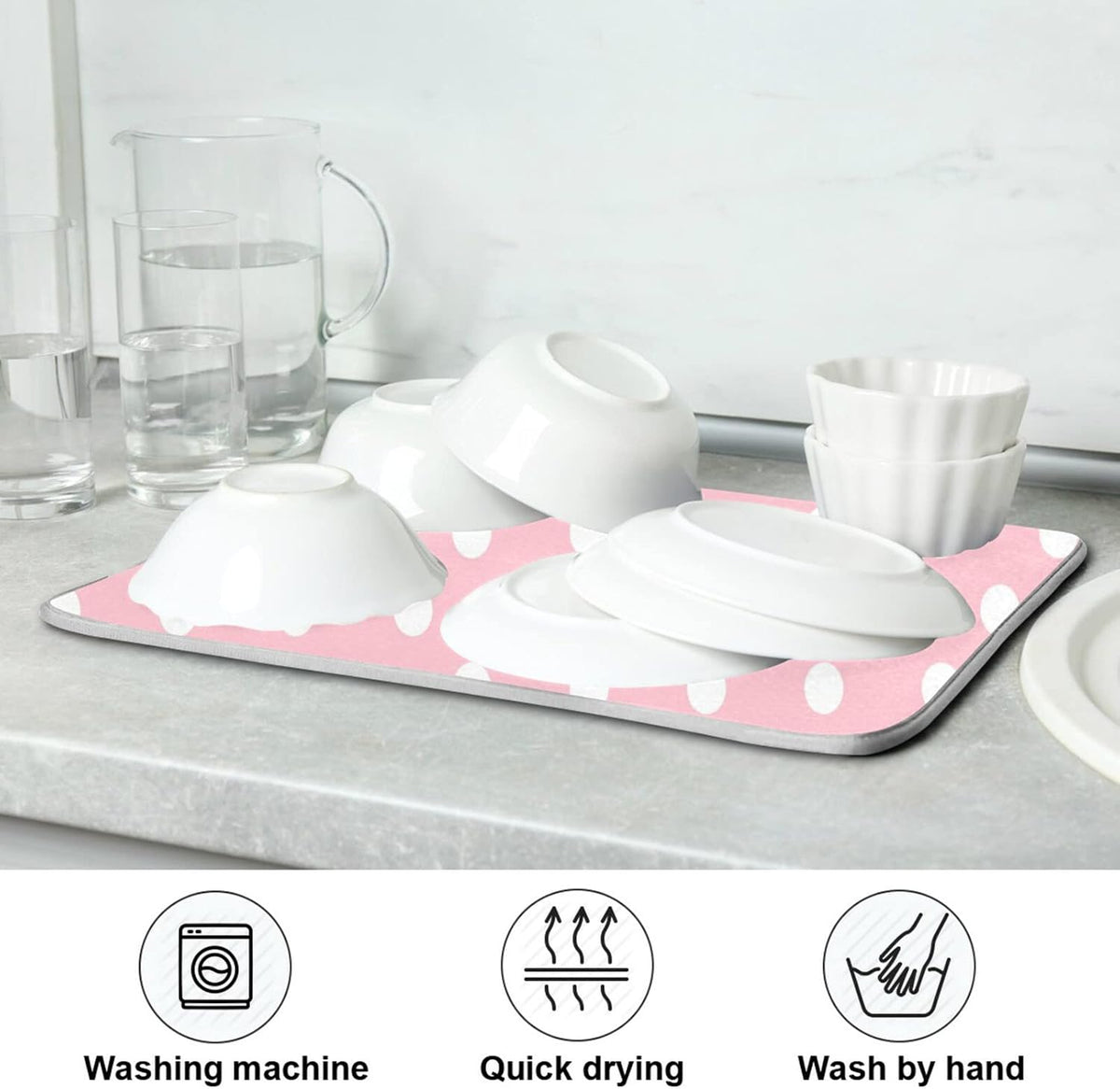 Pink White Polka Dot Dish Drying Mat for Kitchen Counter 16 x 18 Inch Absorbent Microfiber Valentines Dry Dishes Rack Mats Drainer Mat Dish Drying Pad for Countertops Decor
