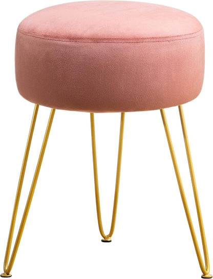 Vanity Stool, Pink Vanity Stools for Makeup Room, Round Ottoman Foot Stool, Velvet Footrest Vanity Chair for Bathroom Vanity, Bedroom, Living Room, Entryway, Offices, 300lbs