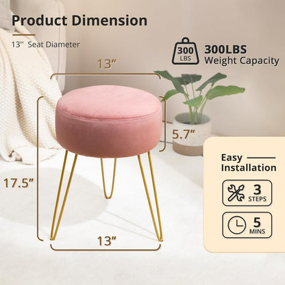 Vanity Stool, Pink Vanity Stools for Makeup Room, Round Ottoman Foot Stool, Velvet Footrest Vanity Chair for Bathroom Vanity, Bedroom, Living Room, Entryway, Offices, 300lbs