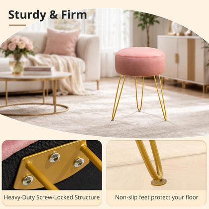Vanity Stool, Pink Vanity Stools for Makeup Room, Round Ottoman Foot Stool, Velvet Footrest Vanity Chair for Bathroom Vanity, Bedroom, Living Room, Entryway, Offices, 300lbs