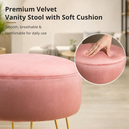 Vanity Stool, Pink Vanity Stools for Makeup Room, Round Ottoman Foot Stool, Velvet Footrest Vanity Chair for Bathroom Vanity, Bedroom, Living Room, Entryway, Offices, 300lbs