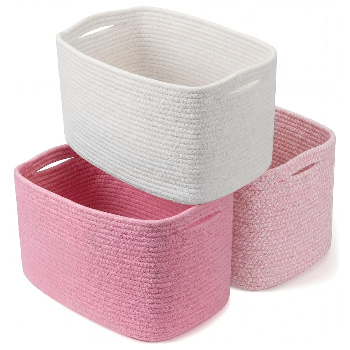 3 Pack Cotton Rope Storage Baskets Rectangle Woven Bins Pink White