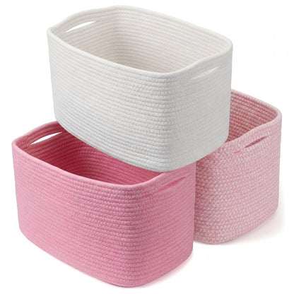 3 Pack Cotton Rope Storage Baskets Rectangle Woven Bins Pink White
