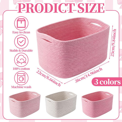 3 Pack Cotton Rope Storage Baskets Rectangle Woven Bins Pink White