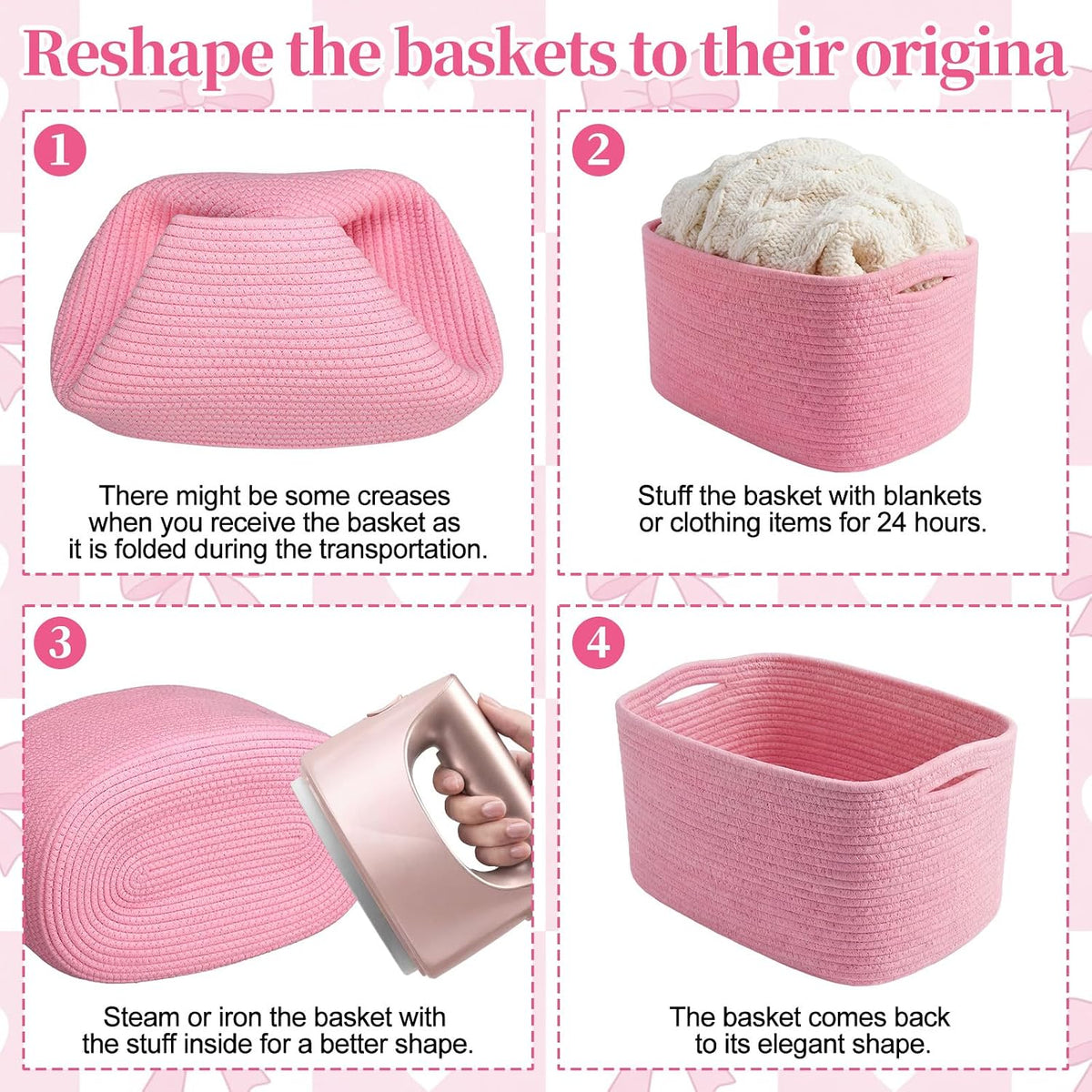 3 Pack Cotton Rope Storage Baskets Rectangle Woven Bins Pink White