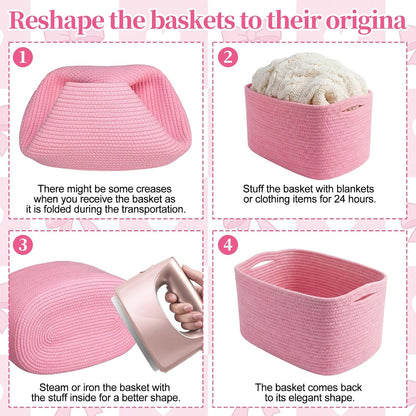 3 Pack Cotton Rope Storage Baskets Rectangle Woven Bins Pink White