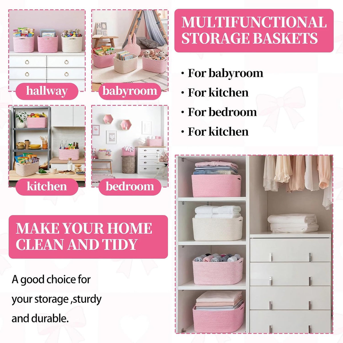 3 Pack Cotton Rope Storage Baskets Rectangle Woven Bins Pink White