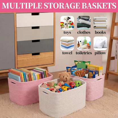 3 Pack Cotton Rope Storage Baskets Rectangle Woven Bins Pink White