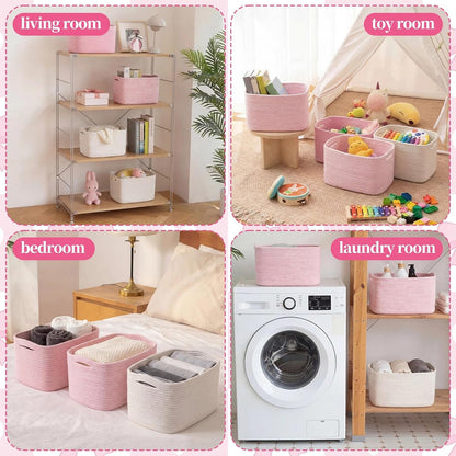 3 Pack Cotton Rope Storage Baskets Rectangle Woven Bins Pink White