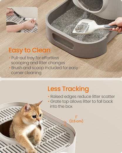 Feandrea Cat Litter Box with Lid, XL Enclosed Litter Box with Slide-Out Tray, Scoop, Brush, Anti-Tracking, for Cats of Different Sizes, Oatmeal and Warm Gray UPPT002G01