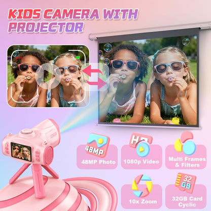Kids Camera with Projector, 1080P Kids Video Camera, Pink