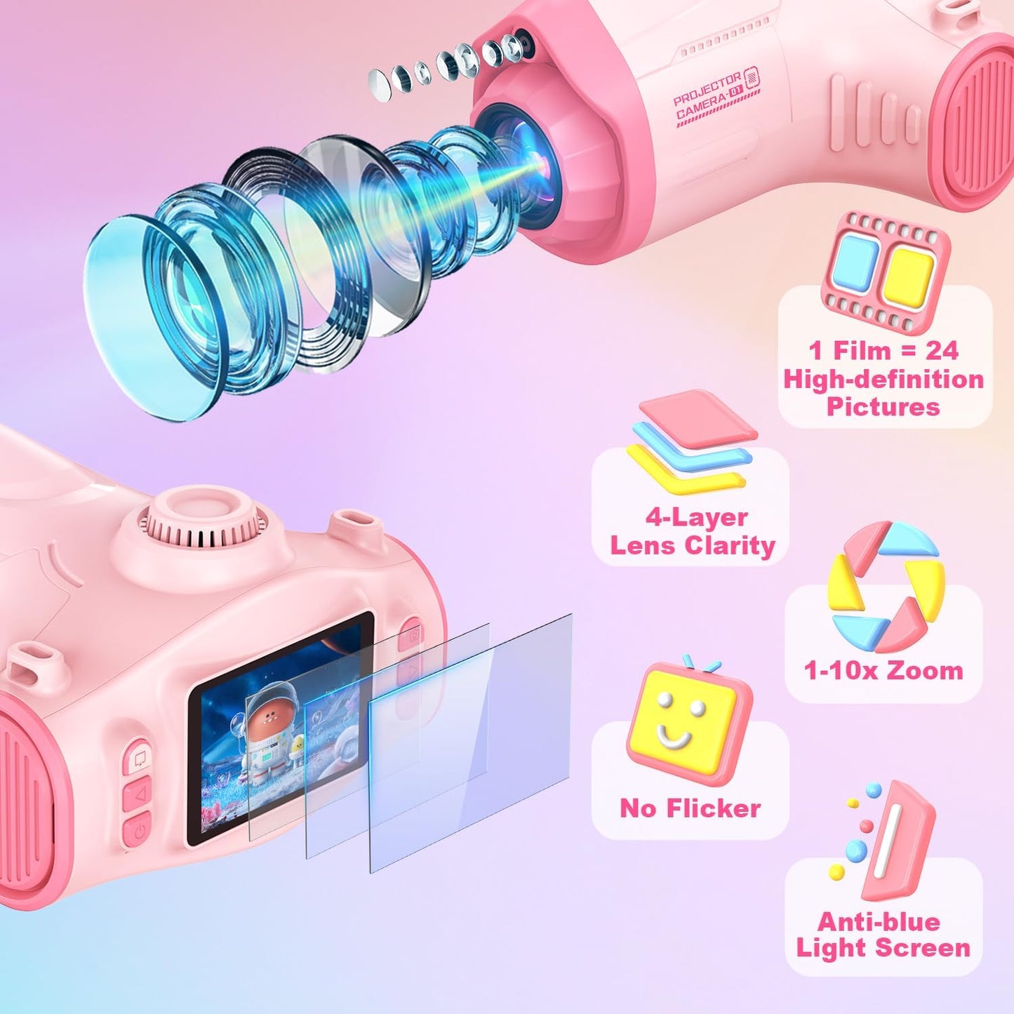 Kids Camera with Projector, 1080P Kids Video Camera, Pink