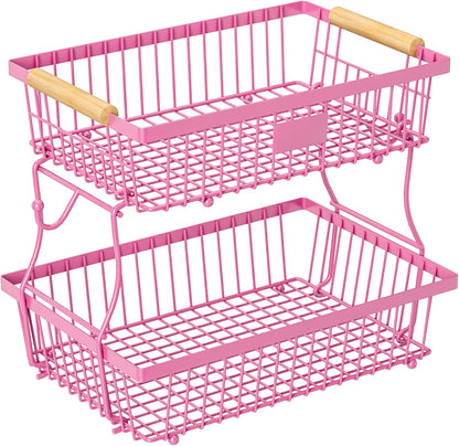 2 Tier Fruit Basket for Kitchen Counter with 2 Banana Hangers, Countertop Metal Fruit Bowl with Wooden Handle, Large Storage Stand for Vegetables, Snacks, Breads, Produce Storage – Rose Pink