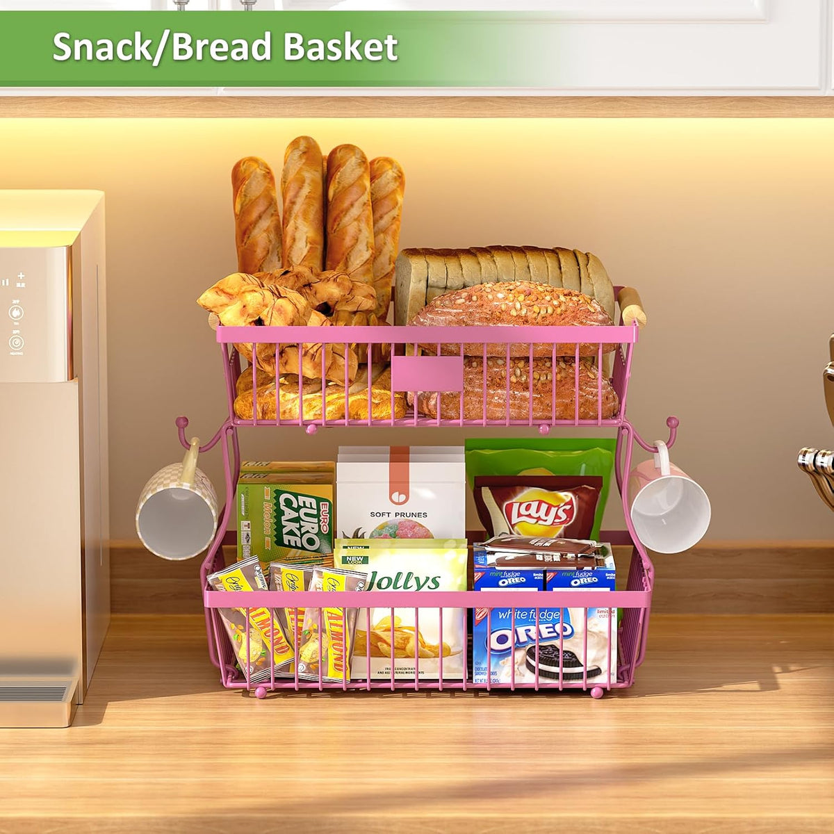 2 Tier Fruit Basket for Kitchen Counter with 2 Banana Hangers, Countertop Metal Fruit Bowl with Wooden Handle, Large Storage Stand for Vegetables, Snacks, Breads, Produce Storage – Rose Pink