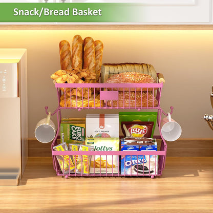 2 Tier Fruit Basket for Kitchen Counter with 2 Banana Hangers, Countertop Metal Fruit Bowl with Wooden Handle, Large Storage Stand for Vegetables, Snacks, Breads, Produce Storage – Rose Pink