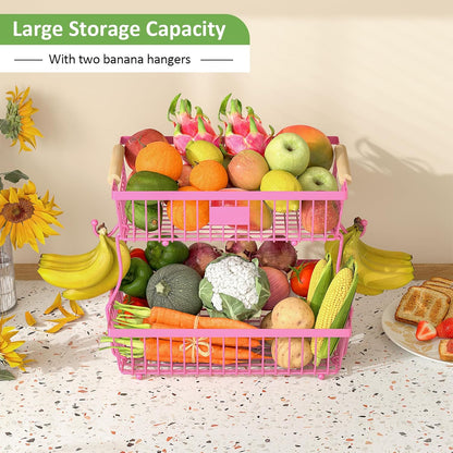 2 Tier Fruit Basket for Kitchen Counter with 2 Banana Hangers, Countertop Metal Fruit Bowl with Wooden Handle, Large Storage Stand for Vegetables, Snacks, Breads, Produce Storage – Rose Pink