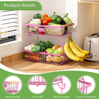 2 Tier Fruit Basket for Kitchen Counter with 2 Banana Hangers, Countertop Metal Fruit Bowl with Wooden Handle, Large Storage Stand for Vegetables, Snacks, Breads, Produce Storage – Rose Pink